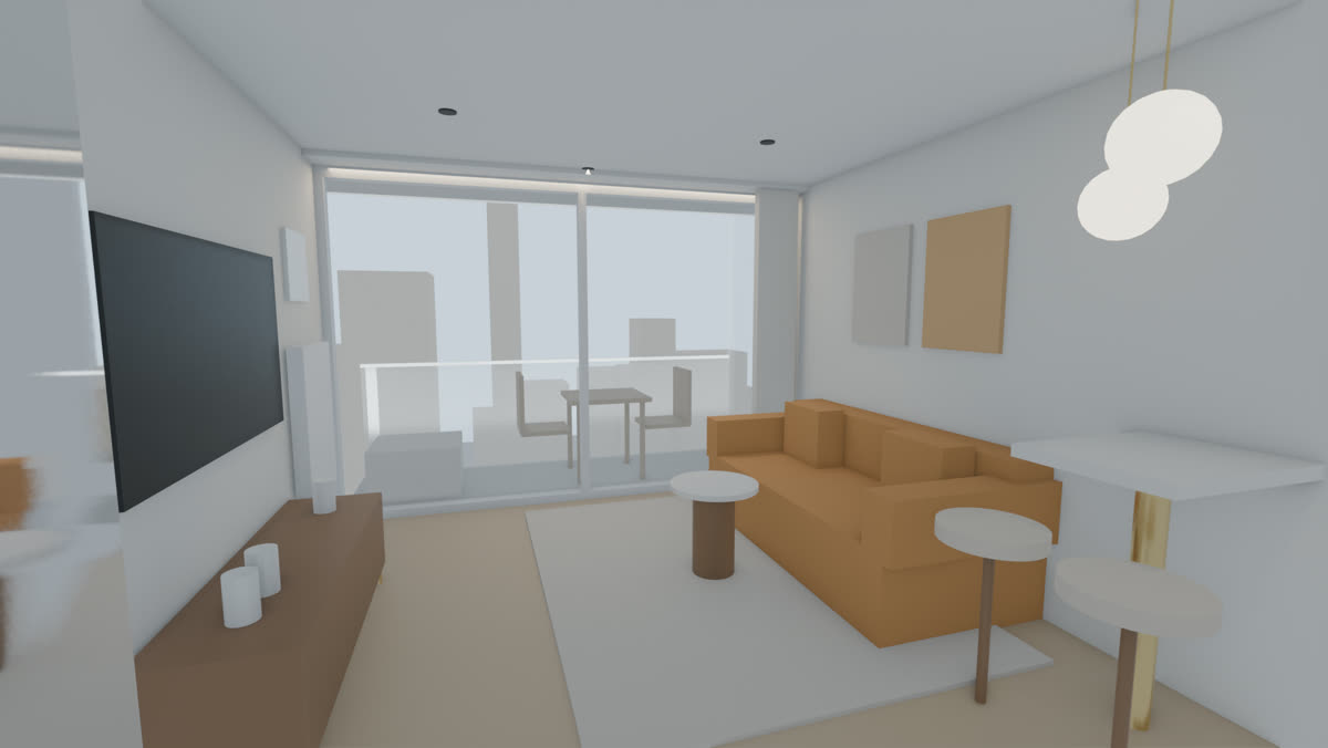 Plain 3D model of the living room with furniture as simple blocks